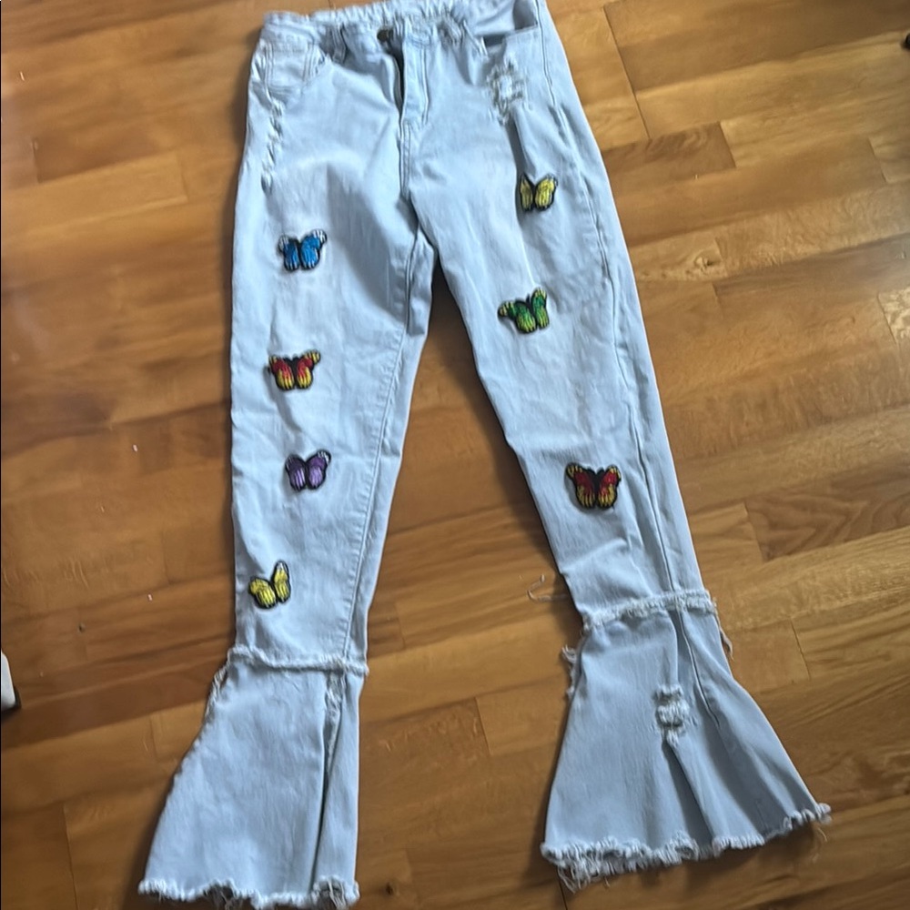 Flared Skinny Upcycled Altered Jeans with Butterfly Patches  Stretchy Sz M